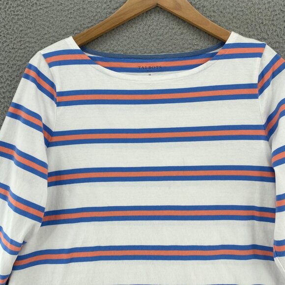 Talbots Top Womens 1X Plus Blue Orange Striped 3/4 Sleeves Boat Neck Pullover - Picture 2 of 11